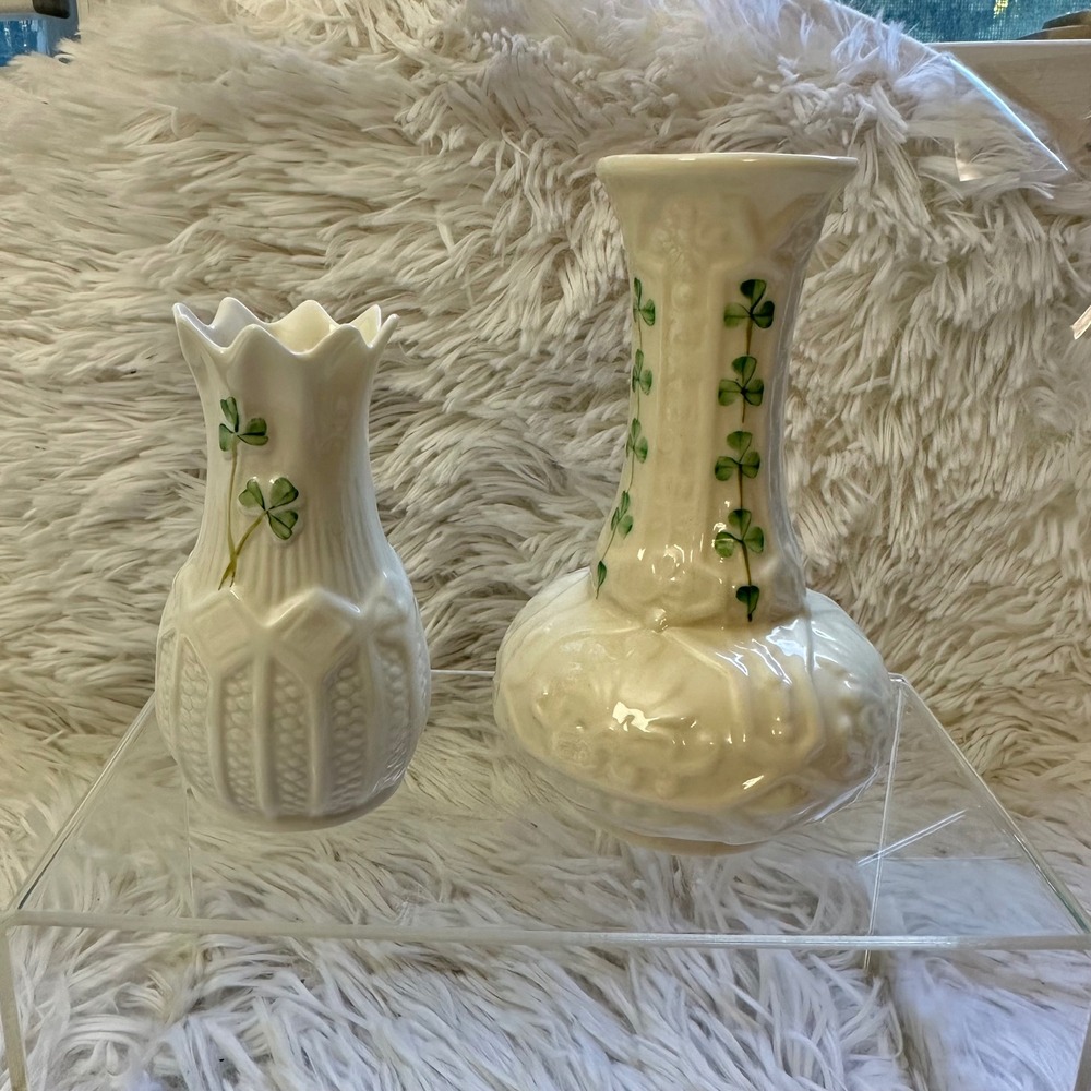 Belleek Ireland Porcelain 2 Pc Small Bud Vases Decor in Shamrock Design Vintage
